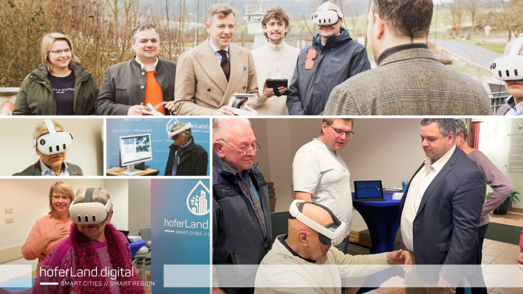 Collage zum 35. Jahrestag des Mauerfalls im Deutsch-Deutschen Museum Mödlareuth, zeigt Besucher mit VR-Brillen, um Szenen des Mauerbaus und der Flucht aus dem geteilten Dorf zu erleben.